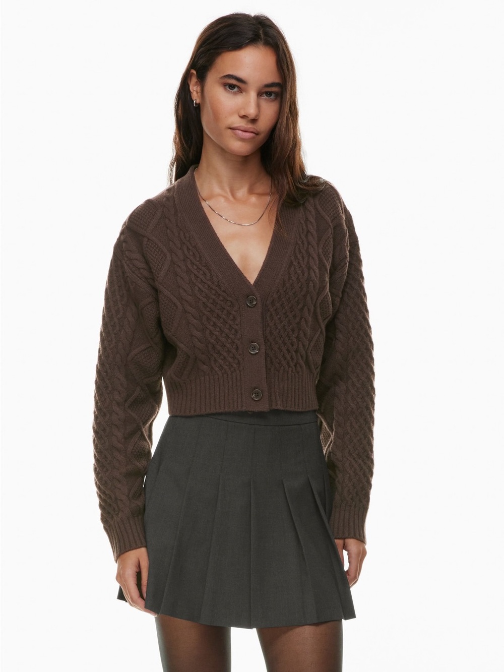 Sunday Best M Cropped Cable Knit V-Neck Cardigan - Brown